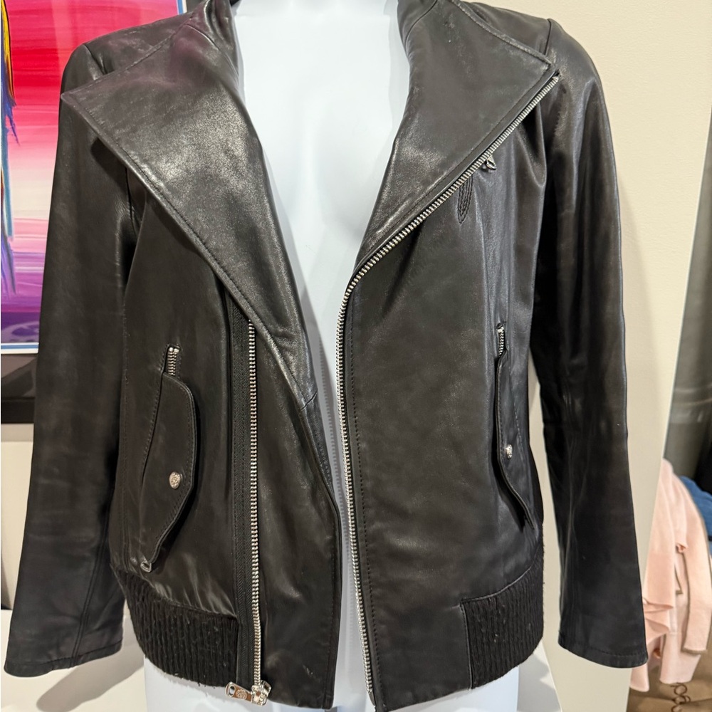 Vince Camuto Black Leather Jacket with Silver Accents - Size XL